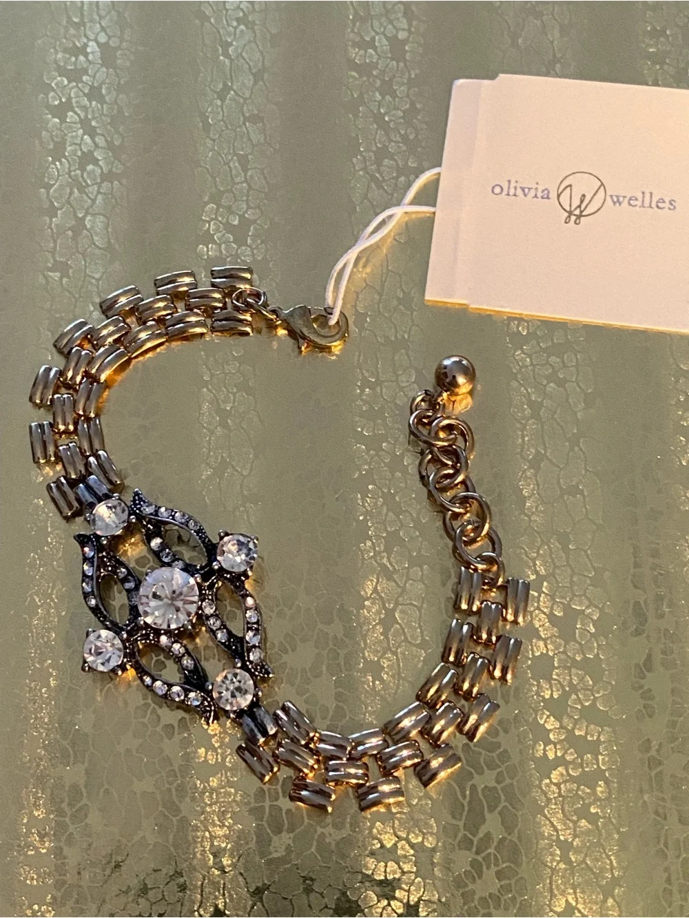 NWT Olivia Welles 14k Gold Plated Mixed Art Deco Crystal Pendant Bracelet